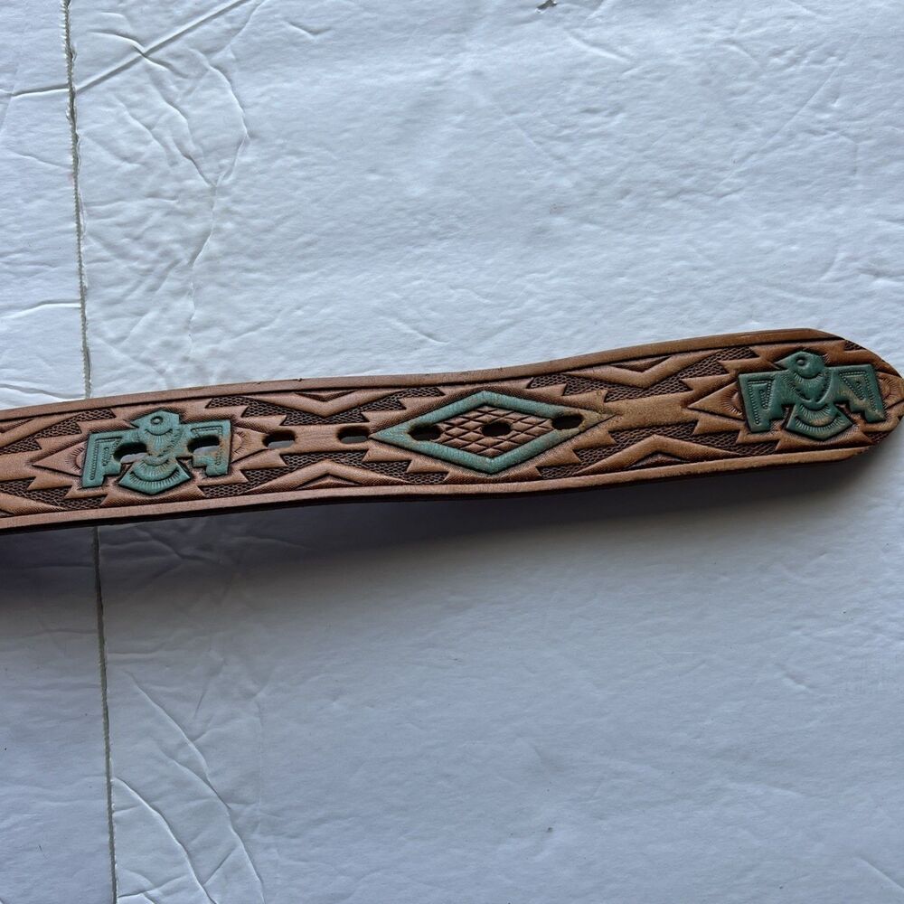 SEARS Brown Tooled Leather Belt Painted Western Aztec Southwest Buckle USA Sz 23 - Picture 4 of 10